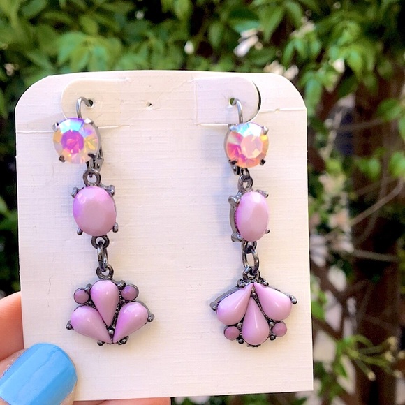 Lavender + Pink Opal Aurora Borealis Crystal Drop Statement Earrings - Picture 10 of 10